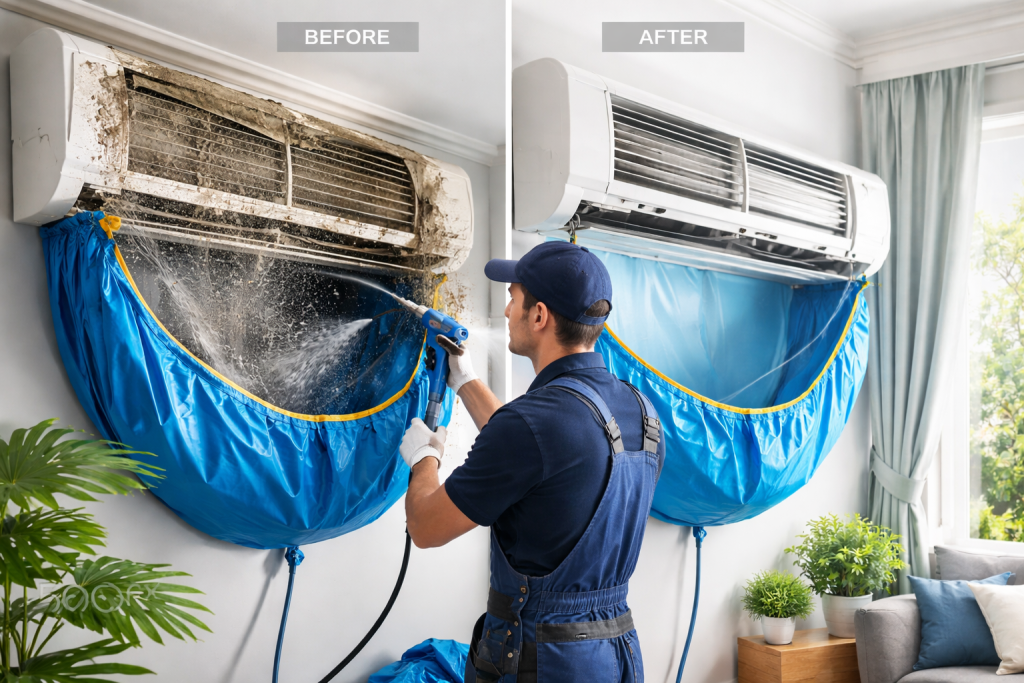 Curatare aer conditionat aparatament inainde si dupa procedeu